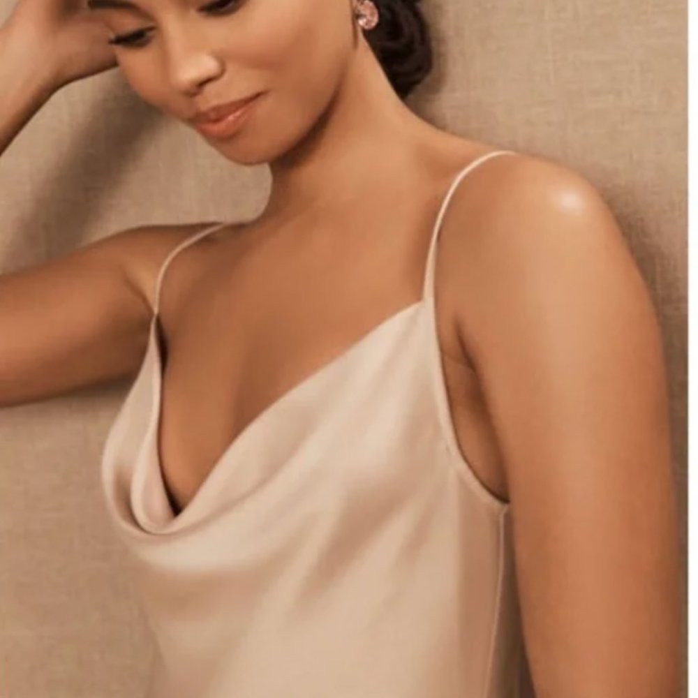 NWT BHLDN Cali Satin Cowl-Neck Midi Slip Dress, Oyster, size 0